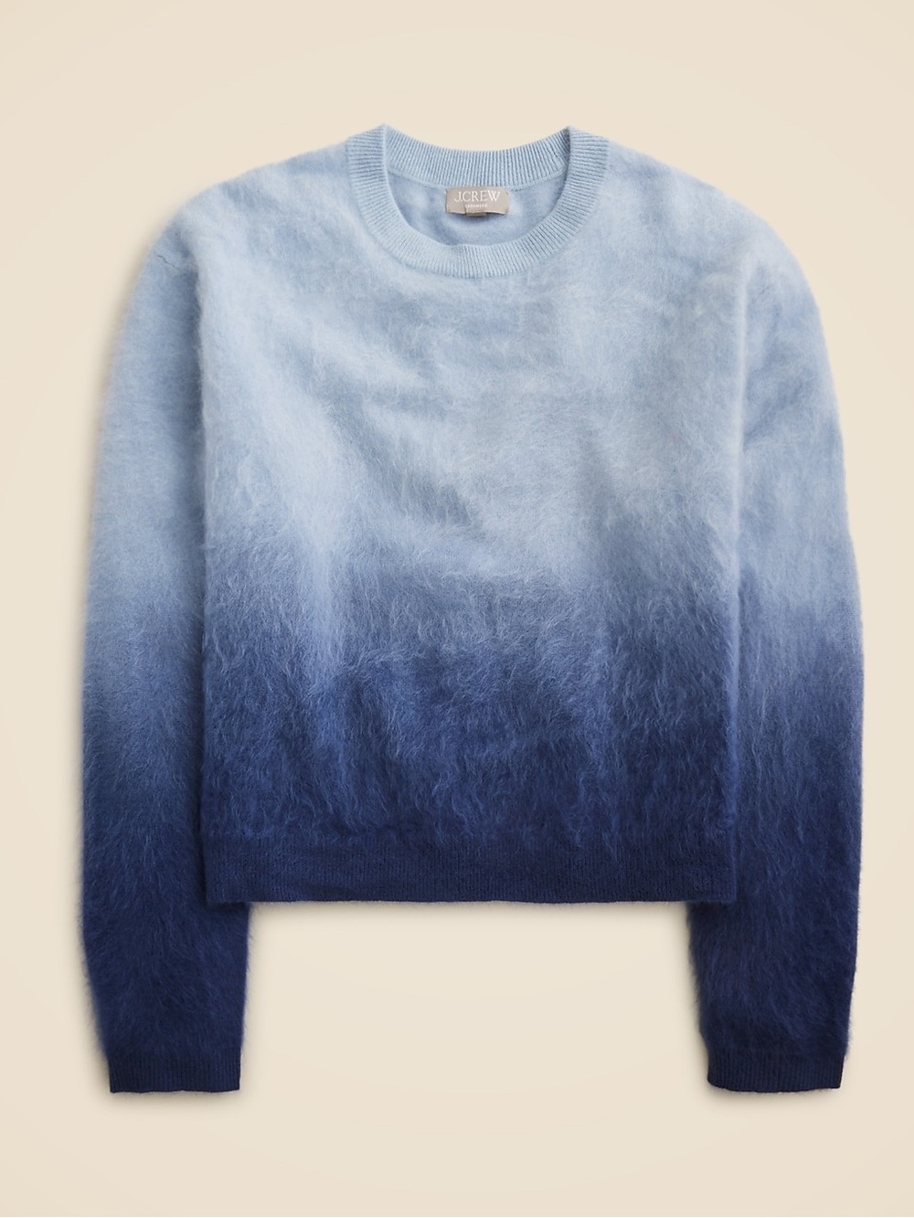 J. Crew Dip-Dyed Brushed Cashmere Crewneck Sweater Ombré Blue Boxy Fit Soft Knit